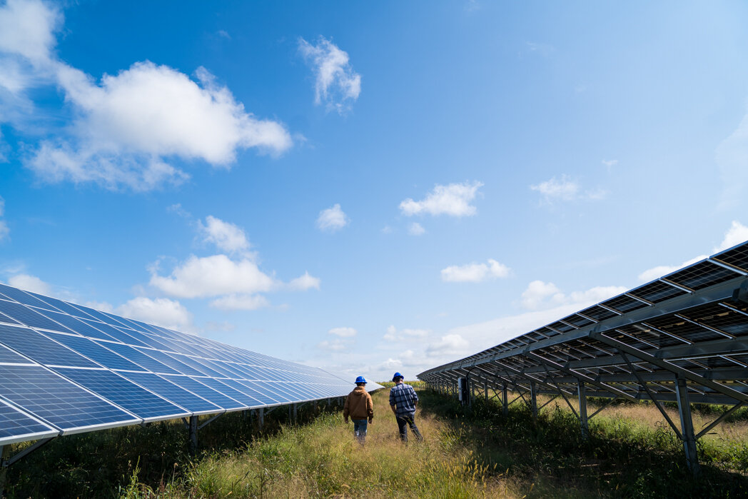 Two men in a field between large solar panel walls on their left and right