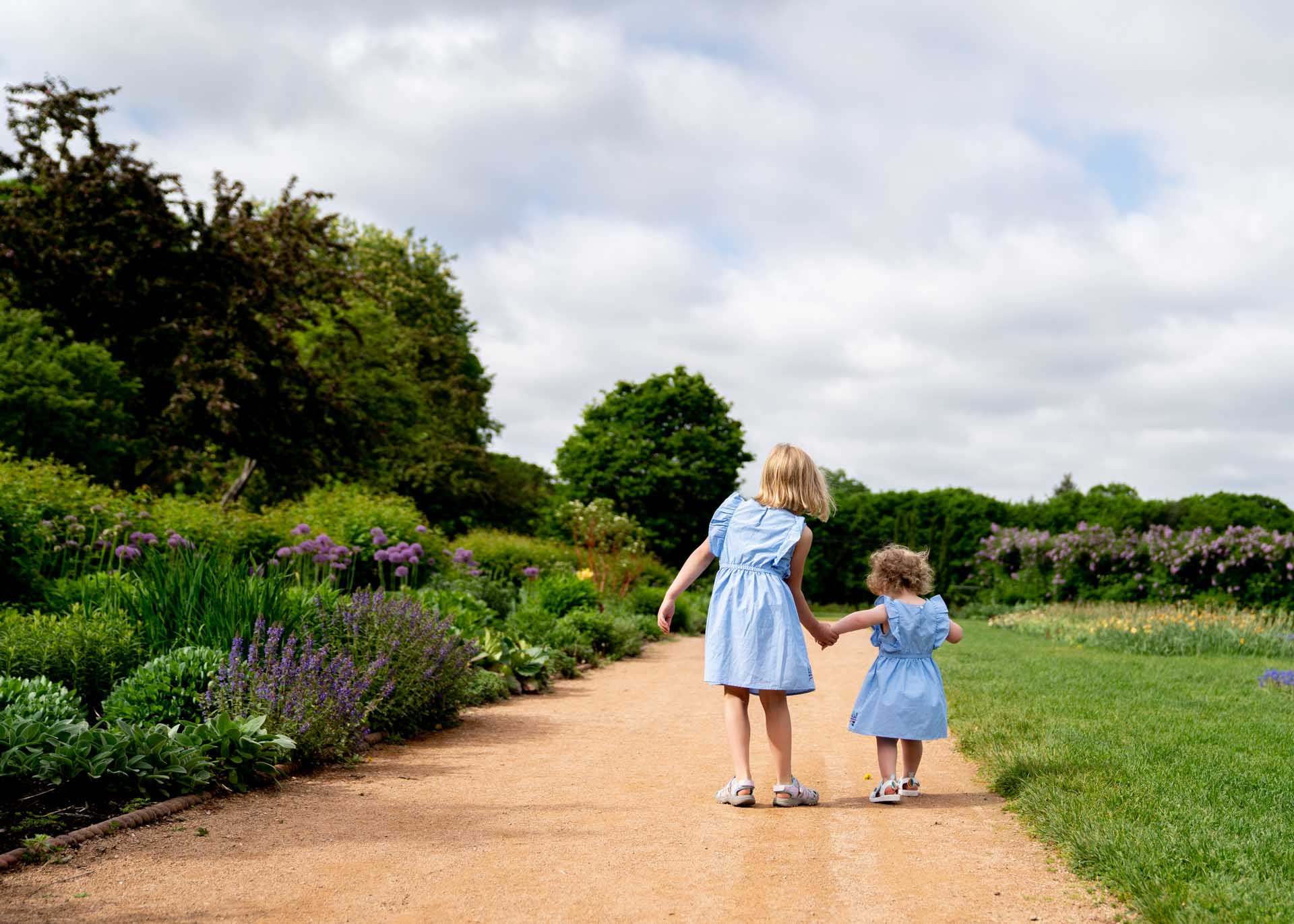 two young sisters in blue dresses walking away from the camera holding hands at a family photo shoot in Minneapolis