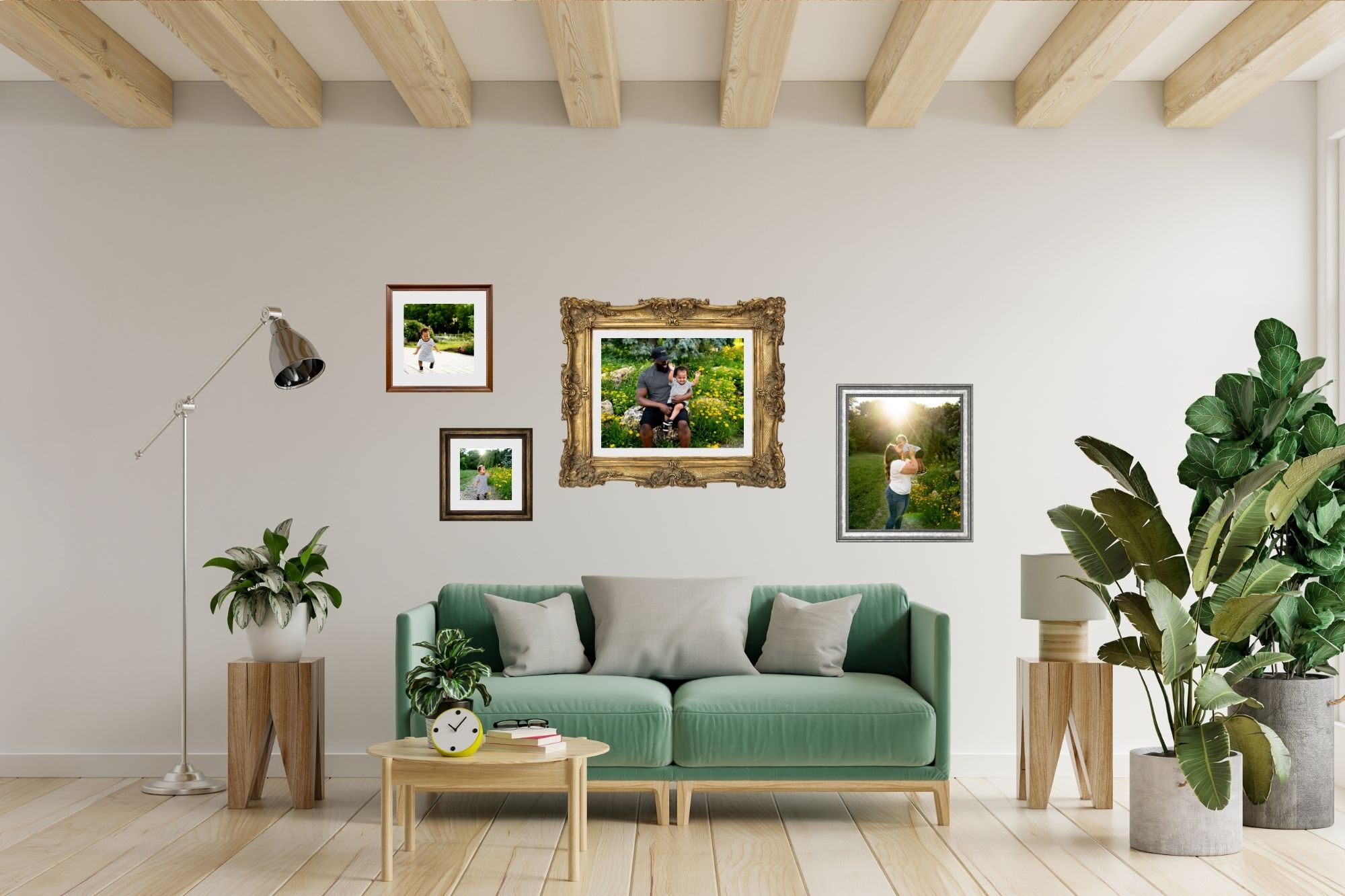 cool gallery wall in a minimal green themed livingroom